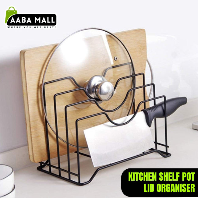 Adjustable pot lid holder and pan organizer rack, metal kitchen shelf storage for cabinet organization, space-saving vertical storage