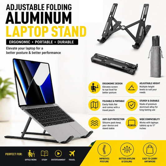 Adjustable Folding Adjustable Aluminum Laptop Stand & Riser – Aluminum Ergonomic Foldable Portable Tablet Holder Desk Stand (With Pouch) for MacBook, Lenovo, Dell, HP