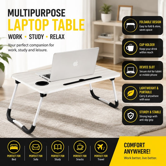 Portable Laptop Bed Tray Table INCLUDING USB PORT with Foldable Legs & Cup Slot for Eating Breakfast, Reading Book, Watching Movie on Bed/Couch/Sofa