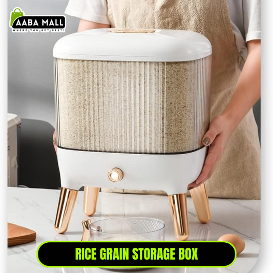 Large 12KG airtight plastic rice and grain storage box with a white lid and transparent body, shown sitting on a kitchen counter next to a scoop, filled with white rice.