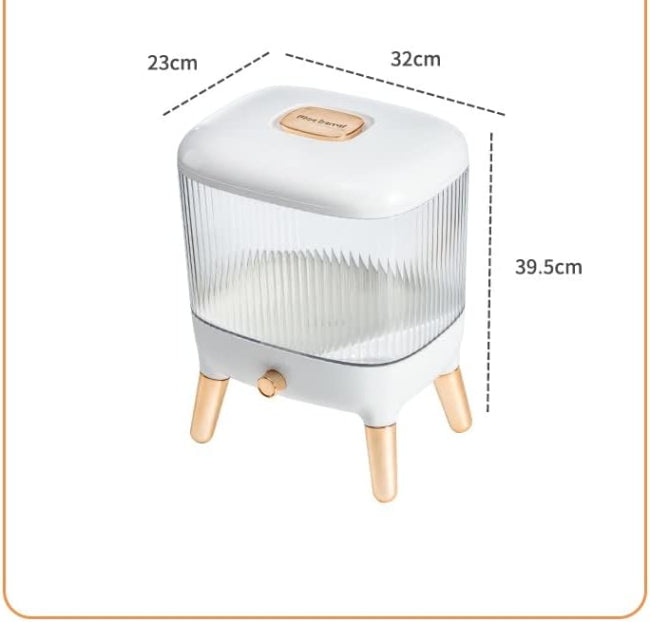 Large 12KG airtight plastic rice and grain storage box with a white lid and transparent body, shown sitting on a kitchen counter next to a scoop, filled with white rice.