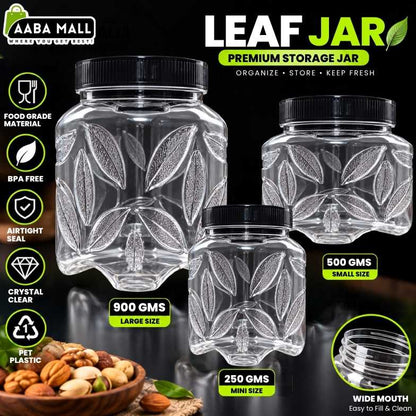 Leaf Jar transparent storage containers in 900GM, 500GM and 250GM sizes with black lids for kitchen storage, dry snacks, nuts and spices