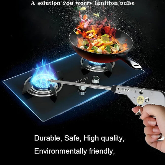 Gas stove with a frying pan and flame, featuring a tool for ignition pulse control.