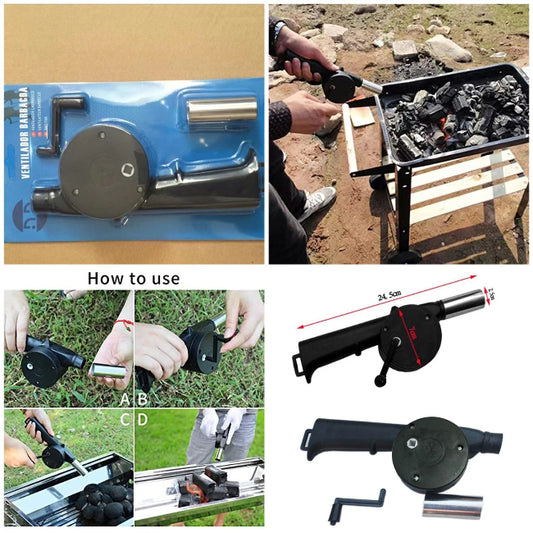 A close-up of a compact, red and black manual hand-crank blower fan with a long metal nozzle, designed for starting charcoal BBQ fires.