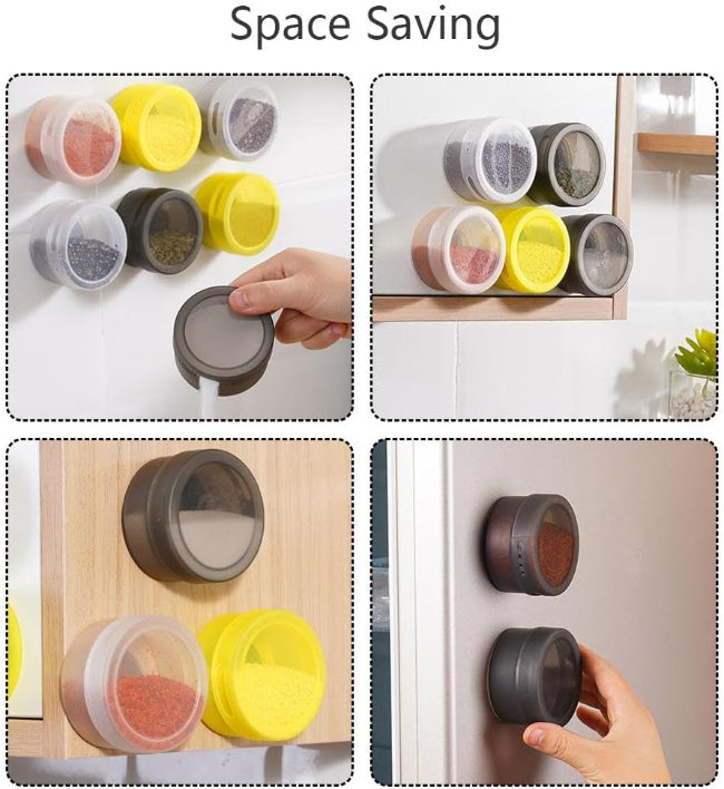 Set of three silver magnetic spice tins with clear transparent lids, shown attached vertically to the side of a stainless steel refrigerator, filled with different colored spices.