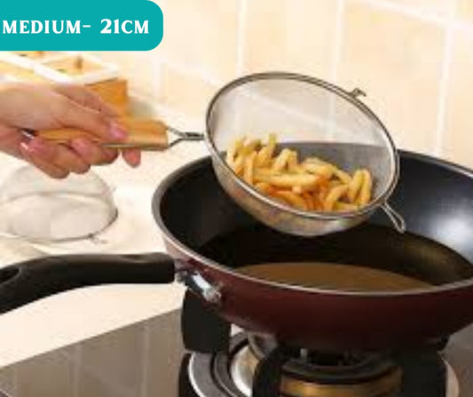 Stainless Steel Deep Frying Mesh Strainer Colander Wooden Handle - MEDIUM 21CM