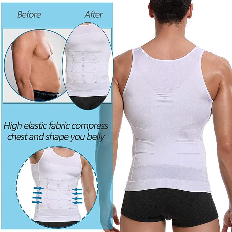 Person wearing a white compression garment with 'Before' and 'After' insets showing its effect on body shape.