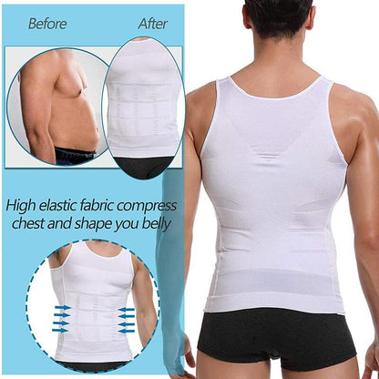 Person wearing a white compression garment with 'Before' and 'After' insets showing its effect on body shape.