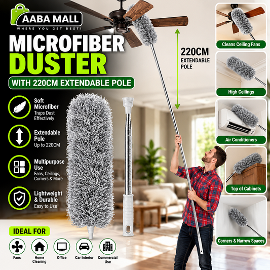 Microfiber duster with 220cm extendable pole for cleaning ceiling fans, air conditioners, high places and light fixtures
