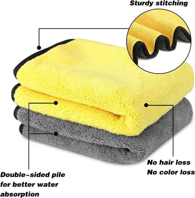 Two microfiber cloths, one yellow and one gray, with text highlighting features like sturdiness and double-sided pile.
