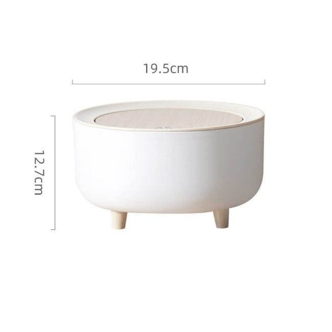 Mini round trash can waste basket with push button lid, compact rubbish bin for office desk, bedroom, and bathroom