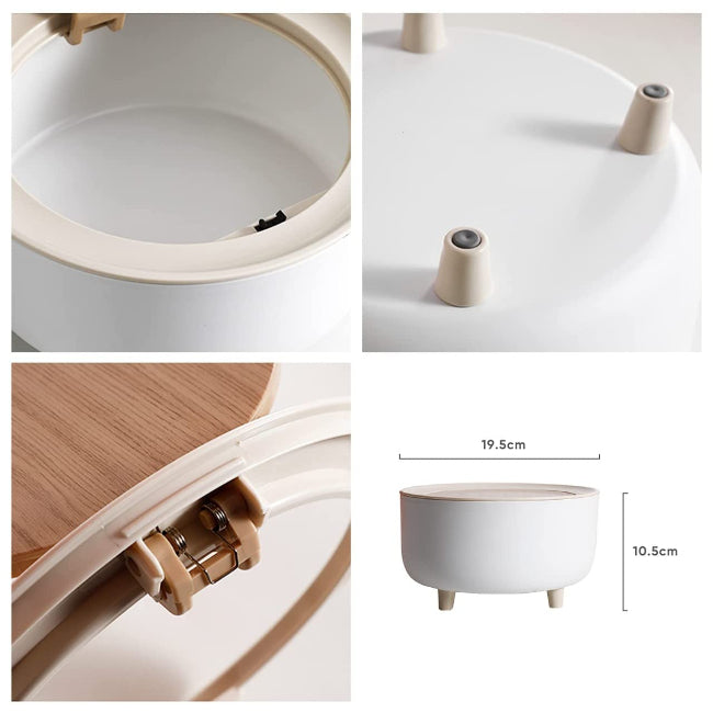 Mini round trash can waste basket with push button lid, compact rubbish bin for office desk, bedroom, and bathroom