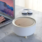 Mini round trash can waste basket with push button lid, compact rubbish bin for office desk, bedroom, and bathroom