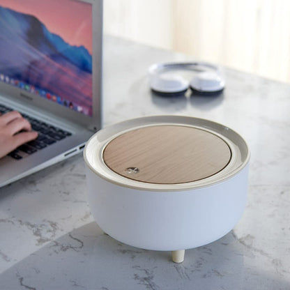 Mini round trash can waste basket with push button lid, compact rubbish bin for office desk, bedroom, and bathroom
