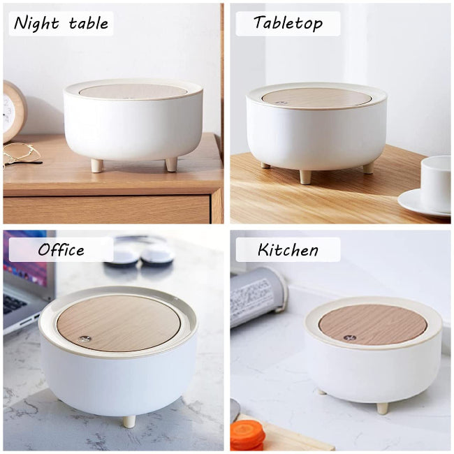 Mini round trash can waste basket with push button lid, compact rubbish bin for office desk, bedroom, and bathroom