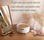 Mini round trash can waste basket with push button lid, compact rubbish bin for office desk, bedroom, and bathroom