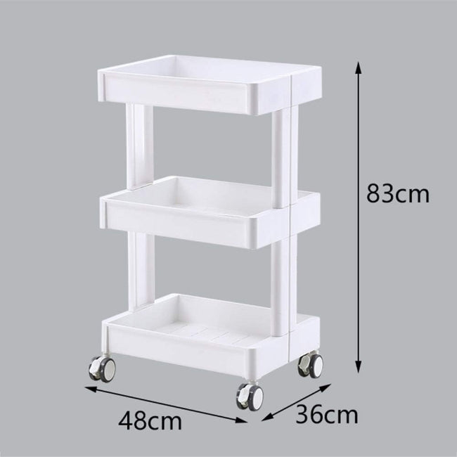 Multifunctional portable movable cart trolley with wheels, showing 3-tier storage organizing items in a kitchen or office setting