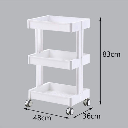 Multifunctional portable movable cart trolley with wheels, showing 3-tier storage organizing items in a kitchen or office setting