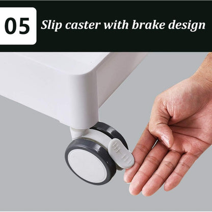 Multifunctional portable movable cart trolley with wheels, showing 3-tier storage organizing items in a kitchen or office setting