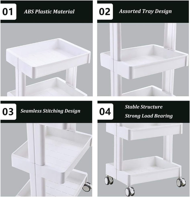 Multifunctional portable movable cart trolley with wheels, showing 3-tier storage organizing items in a kitchen or office setting