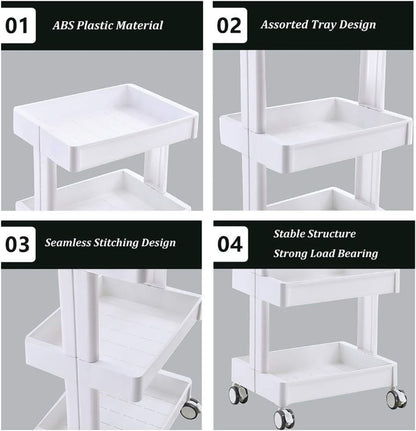 Multifunctional portable movable cart trolley with wheels, showing 3-tier storage organizing items in a kitchen or office setting