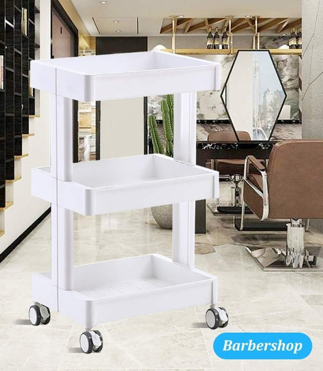 Multifunctional portable movable cart trolley with wheels, showing 3-tier storage organizing items in a kitchen or office setting