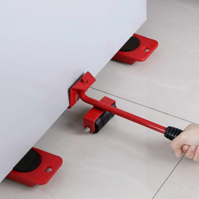 Heavy-duty furniture and appliance mover lifter set, showing the leverage tool and roller gliders for easy moving and floor protection