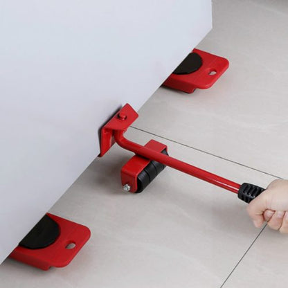 Heavy-duty furniture and appliance mover lifter set, showing the leverage tool and roller gliders for easy moving and floor protection