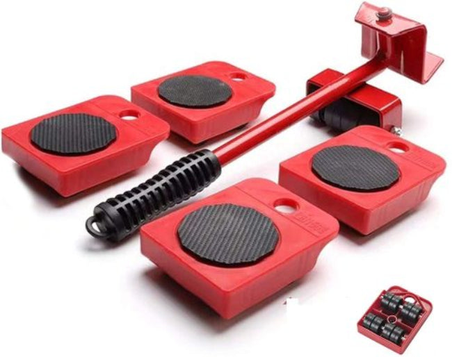 Heavy-duty furniture and appliance mover lifter set, showing the leverage tool and roller gliders for easy moving and floor protection
