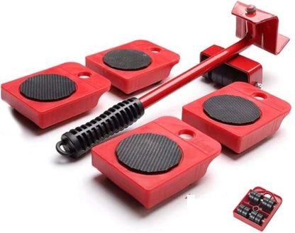 Heavy-duty furniture and appliance mover lifter set, showing the leverage tool and roller gliders for easy moving and floor protection