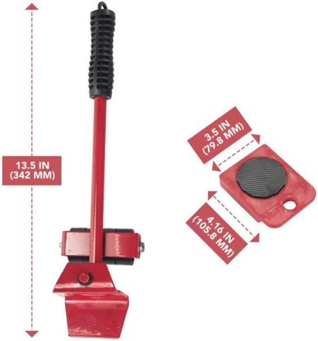Heavy-duty furniture and appliance mover lifter set, showing the leverage tool and roller gliders for easy moving and floor protection