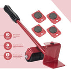 Heavy-duty furniture and appliance mover lifter set, showing the leverage tool and roller gliders for easy moving and floor protection