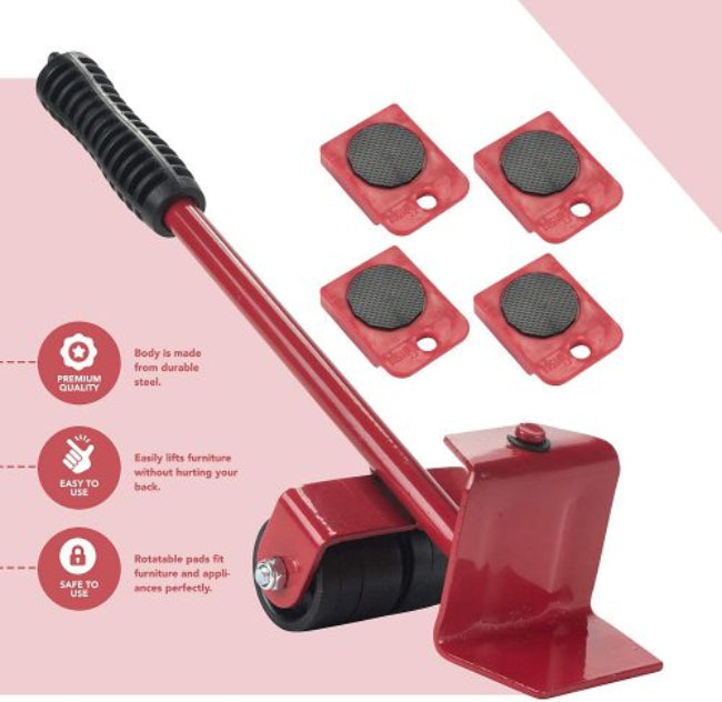 Heavy-duty furniture and appliance mover lifter set, showing the leverage tool and roller gliders for easy moving and floor protection