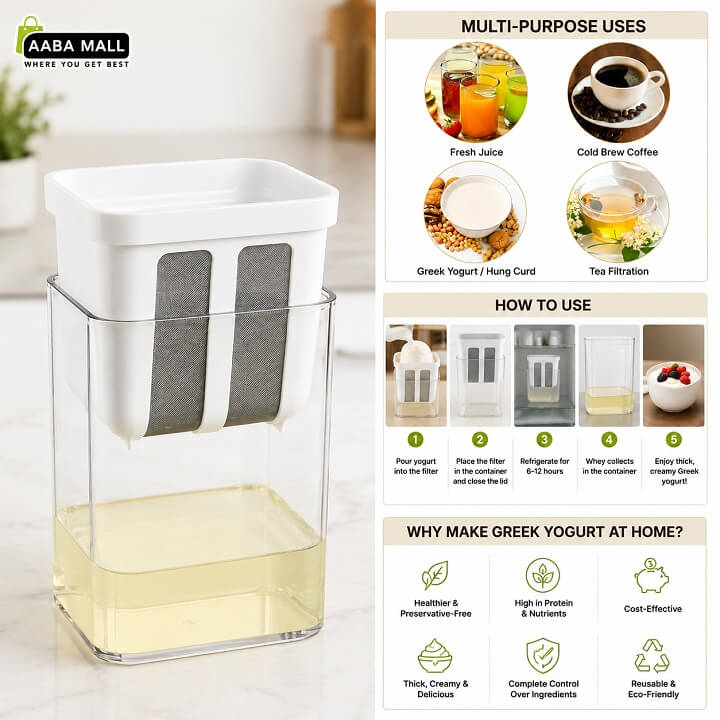 Multi-Purpose 1100ML Greek Yogurt Maker with fine mesh strainer for making thick Greek yogurt, homemade yogurt, labneh, cheese, cold brew coffee, juice, and tea. BPA-free reusable yogurt filter container for easy kitchen use. Buy online from AABAMALL.PK with Cash on Delivery (COD) available all over Pakistan