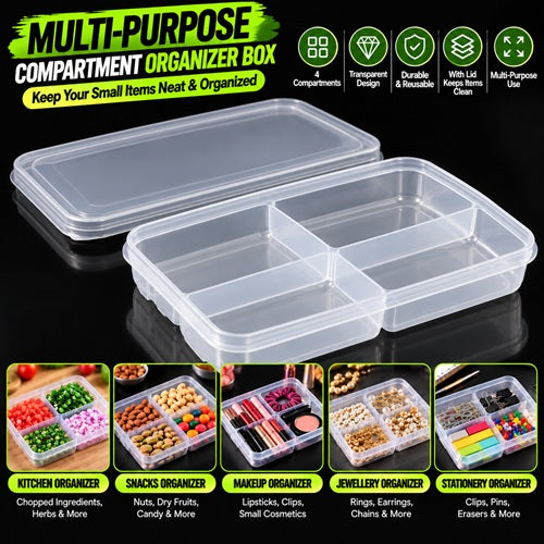Multi-purpose transparent compartment organizer box with lid for drawer, makeup, jewellery, snacks, stationery and small kitchen items