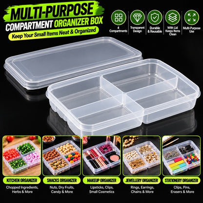 Multi-purpose transparent compartment organizer box with lid for drawer, makeup, jewellery, snacks, stationery and small kitchen items