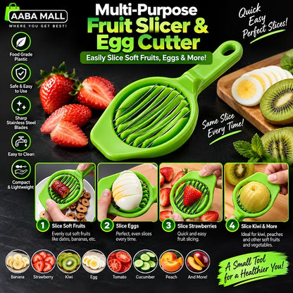 Multi purpose fruit slicer and egg cutter with stainless steel blades for evenly slicing strawberries kiwi eggs and soft fruits