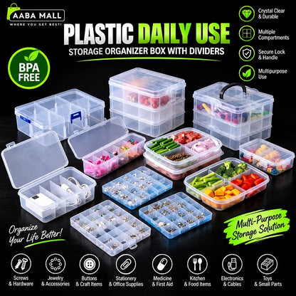 Multi purpose plastic storage organizer box with multiple compartments and dividers for jewelry stationery kitchen items and small accessories