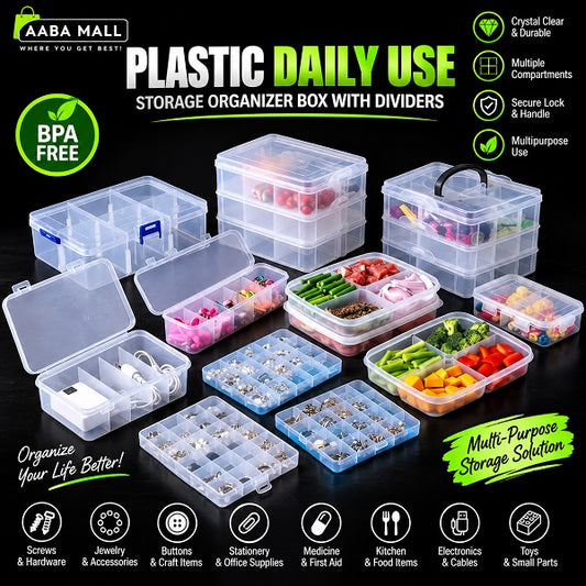 Multi purpose plastic storage organizer box with multiple compartments and dividers for jewelry stationery kitchen items and small accessories