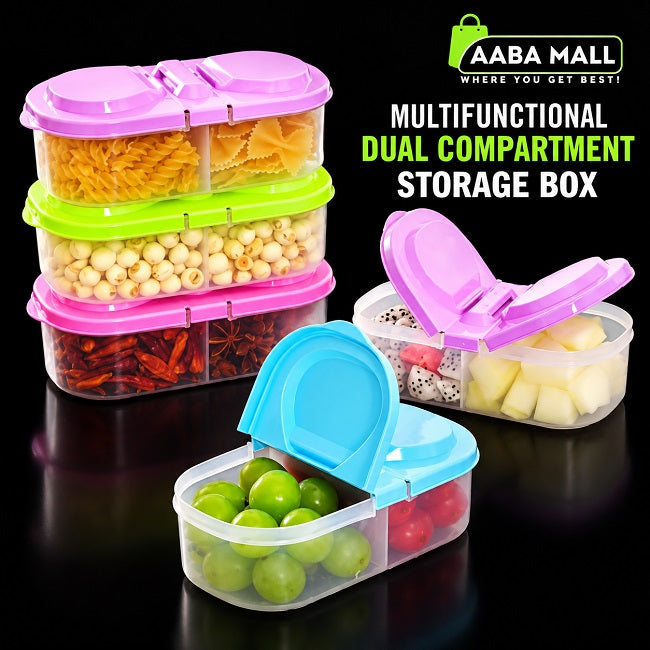 Multifunctional dual compartment storage box for organizing pasta, snacks, spices, fruits and other food items