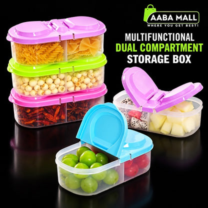 Multifunctional dual compartment storage box for organizing pasta, snacks, spices, fruits and other food items