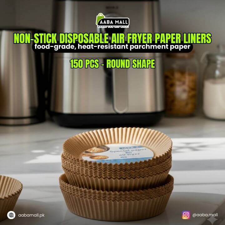 Non-stick disposable air fryer paper liners with AABA MALL branding on a kitchen counter