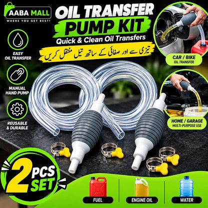 2-piece manual oil transfer pump kit with hand-squeeze siphon pump, transparent flexible hose and metal clamps for transferring liquids in automotive, garage and household applications.