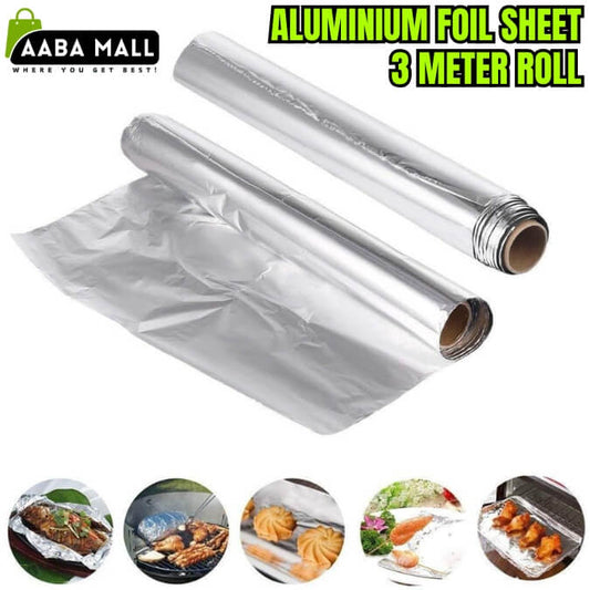Two rolls of aluminium foil sheet with images of food preparation at the bottom on a white background.