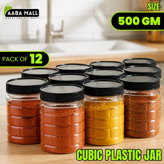 Pack of 12 500gm cubic plastic jars with black lids for spices and kitchen storage