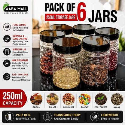 Pack of 6 250ml plastic storage jars with black lids for spices pulses dry fruits snacks and kitchen storage