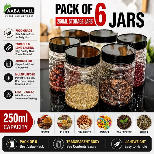 Pack of 6 250ml plastic storage jars with black lids for spices pulses dry fruits snacks and kitchen storage