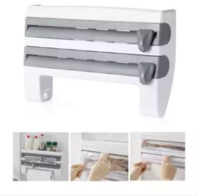 Wall-mounted 4-in-1 kitchen roll dispenser in the White color option, shown holding aluminum foil, plastic cling film, a paper towel roll, and spices on the top shelf.