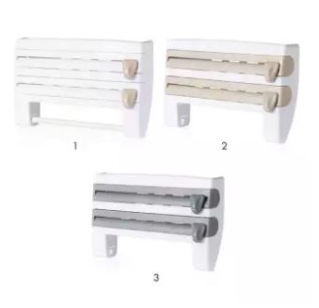 Wall-mounted 4-in-1 kitchen roll dispenser in the White color option, shown holding aluminum foil, plastic cling film, a paper towel roll, and spices on the top shelf.