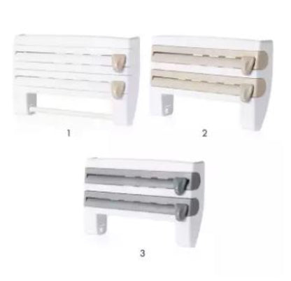 Wall-mounted 4-in-1 kitchen roll dispenser in the White color option, shown holding aluminum foil, plastic cling film, a paper towel roll, and spices on the top shelf.